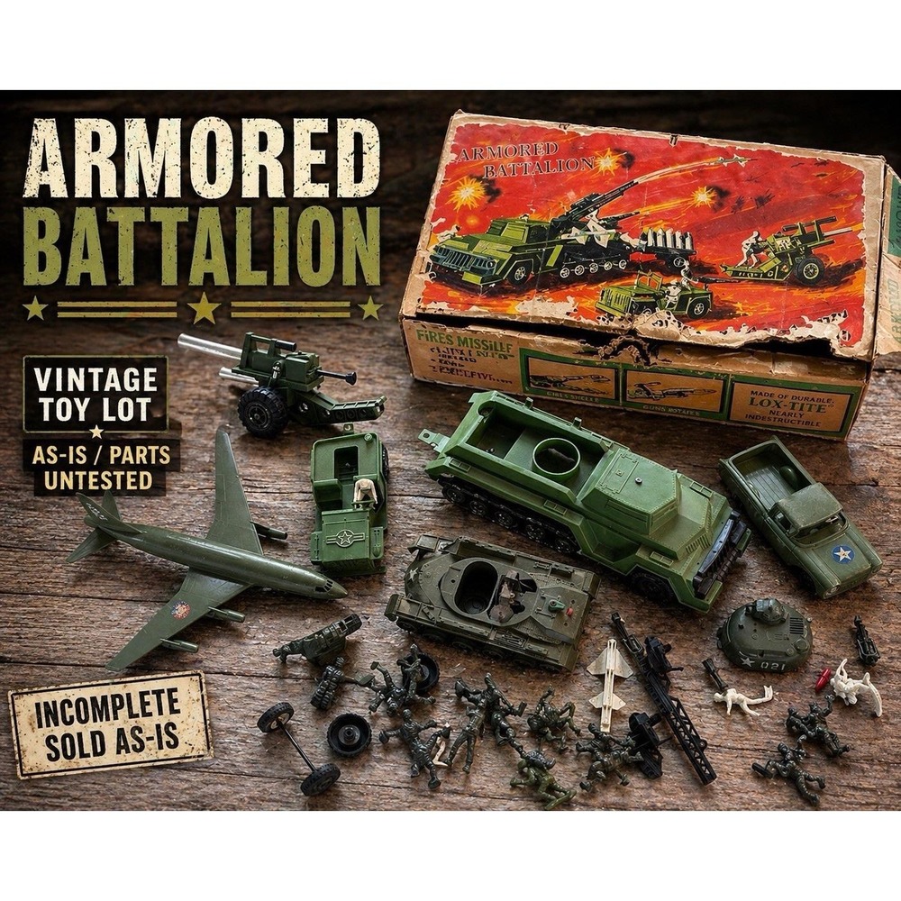 Armored Battalion Toy Lot Plastic Army Men Tanks Plane Trucks Parts Repair As-Is